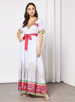 Buy Floral Print Kaftan White in Saudi Arabia