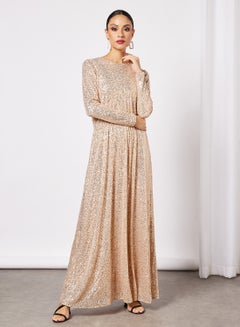 Buy Shimmer Long Sleeve Maxi Dress Light Gold in Saudi Arabia