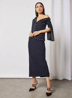 Buy Faux Pearl Detailed Jacket Dress Navy in UAE