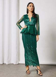 Buy Plunge Neck Peplum Lace Dress Green in Saudi Arabia