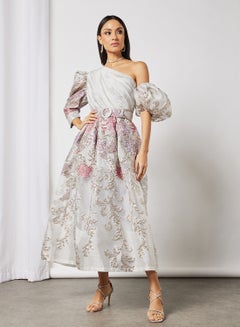 Buy Asymmetric Neck Floral Organza Dress Grey in UAE