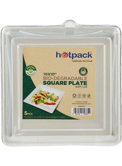 Buy 5-Piece Bio-Degradable Square Plate With Lid White 10x10inch in UAE