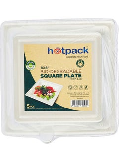 Buy 5-Piece Bio-Degradable Square Plate With Lid White 8x8inch in UAE