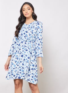 Buy Casual Short Sleeve Knee Length Belted Dress With Ruffle Round Neck Printed  Pattern Blue in Saudi Arabia