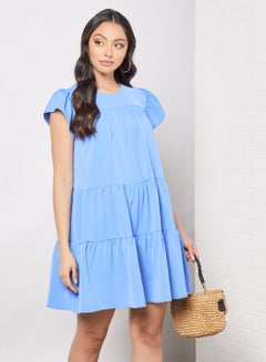 Buy Casual Ruffle Sleeve Basic Mini Dress With Round Neck Blue in Saudi Arabia