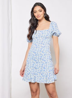 Buy Casual Puff  Short Sleeve Printed Mini Dress With Square Neck Printed Pattern Blue in Saudi Arabia