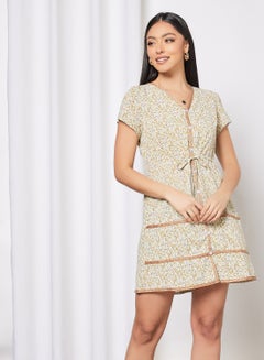 Buy Casual Waist Tie Detail V-Neck Short Sleeve Printed Mini Dress 1 Yellow Print in UAE
