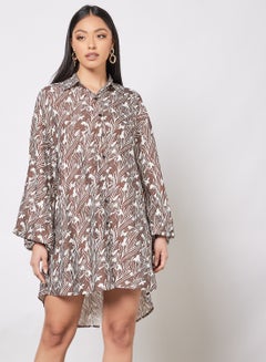 Buy Casual Collared Neck Long Sleeve Oversized Shirt Dress 2 Chocolate Print in Saudi Arabia