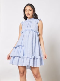 Buy Women's Polyester Sleeveless Knee Length Layered Dress With Ruffle High Neck Stripes Pattern Blue in UAE