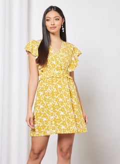 Buy Casual Cross V-Neck Sleeveless Ruffle Waist Printed Midi Dress Yellow Print in Saudi Arabia