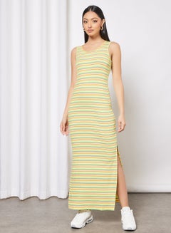 Buy Casual Scoop Neck Sleeveless Stripes Bodycon High Slit Long Evening Maxi Dress Green Yellow STP in UAE