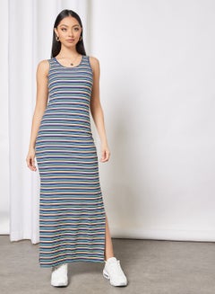 Buy Casual Scoop Neck Sleeveless Stripes Bodycon High Slit Long Evening Maxi Dress Navy Green STP in UAE