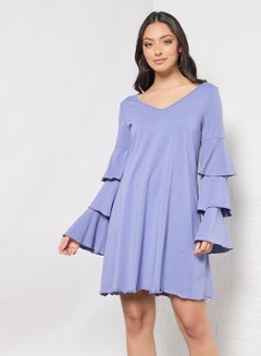 Buy Casual Polyester Ruffle Layer Long Sleeve Mini Dress With V-Neck Dusty Blue in UAE