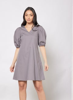 Buy Casual Cotton Puff Short Sleeve Knee Length A-Line Dress With V-Neck 185 Grey in Saudi Arabia