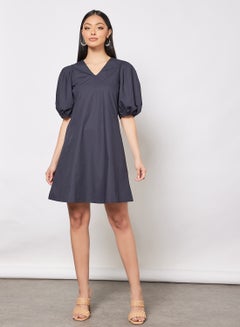 Buy Casual Cotton Puff Short Sleeve Knee Length A-Line Dress With V-Neck 186 Black in UAE