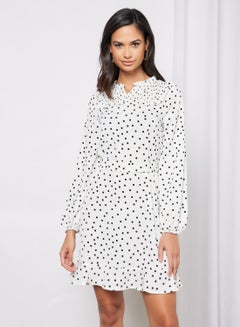 Buy Casual Long Sleeve Mini Dress With Notch Neck Ruffle Hem Polka Dot Printed Pattern White Print in Saudi Arabia