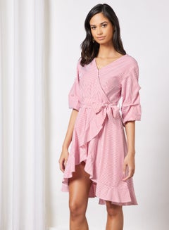 Buy Casual Front Cross Wrap Three-Quarter Sleeve Stripes Knee Length Dress With Belt 5 Red STP in Saudi Arabia
