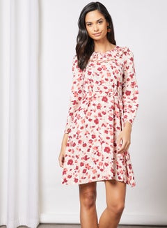 Buy Casual Short Sleeve Knee Length Belted Woven Dress With Ruffle Round Neck Printed  Pattern Blush in UAE