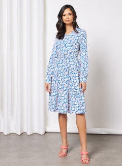 Buy Casual V-Neck Long Sleeve Floral Print Midi Dress With Waist Belt Blue in Saudi Arabia