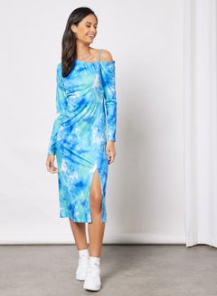 Buy Casual One Shoulder Long Sleeve Side Slit Tie Dye Midi Dress 3 Blue Print in Saudi Arabia