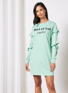 Buy Casual Round Neck Ruffle Detail Sleeve Sweatshirt Loose Mini Dress 3 Green in UAE