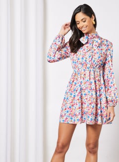 Buy Casual Bow Tie High Neck Long Sleeve Printed Mini Dress Blue/White in UAE