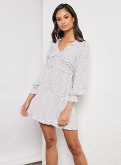 Buy Casual Long Sleeve A-Line Mini Dress With V-Neck Printed Pattern Blue in Saudi Arabia