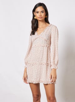 Buy Casual Long Sleeve A-Line Mini Dress With V-Neck Printed Pattern Pink in UAE