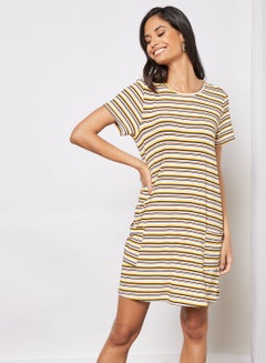 Buy Casual Short Sleeve Mini Dress With Round Neck Horizontal Striped Pattern Yellow/White in UAE