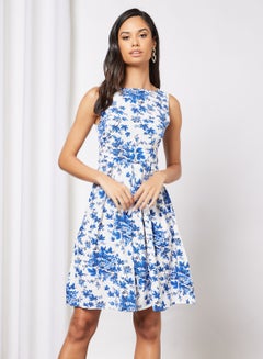 Buy Casual Sleeveless Knee  Length Dress With Round Neck Floral Printed Pattern Blue in Saudi Arabia
