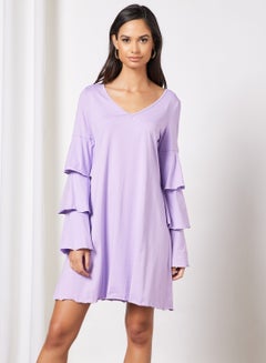 Buy Casual Polyester Ruffle Layer Long Sleeve Mini Dress With V-Neck 141 Purple in UAE