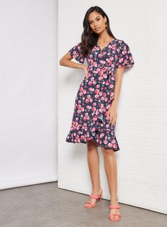 Buy Casual Polyester Blend Bell Short Sleeve Knee Length Dress With V-Neck Ruffle Hem Floral Printed Pattern Navy Print in UAE