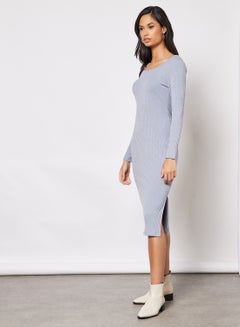 Buy Casual Polyester Long Sleeve Bodycon Midi Dress With ScoopNeck 116 Blue in Saudi Arabia