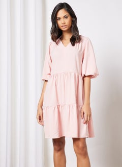 Buy Casual Polyester Blend Puff Short Sleeve Knee Length Tiered A-Line Dress With V-Neck Pink in UAE