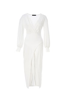 Buy Women V-Neck Long Evening Maxi Sleeve Front Split Party Dress White in Saudi Arabia