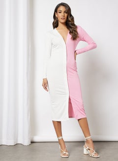 Buy Women V-Neck Long Sleeve Button Front Split Dress White/Pink in UAE