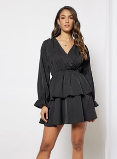 Buy V-Neck Puff Sleeve Shirred Waist Tiered Layer Black in Saudi Arabia