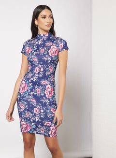 Buy Casual Mandarin Collar Short Sleeve Floral Bodycon Dress Navy Floral in UAE