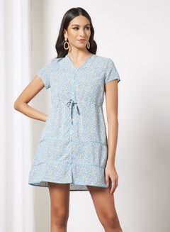 Buy Casual Waist Tie Detail V-Neck Short Sleeve Printed Mini Dress 3 Blue Print in Saudi Arabia