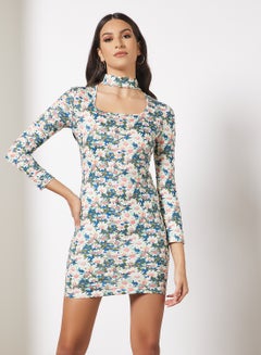 Buy Casual Haltar Collar Square Neck Long Sleeve Printed Bodycon Mini Dress 3 Blue/White Print in UAE