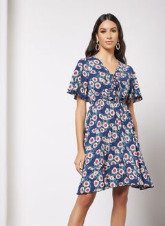 Buy Casual Polyester Blend Bell Short Sleeve Knee Length Dress With V-Neck Bow Tie Printed Pattern Navy Blue in UAE