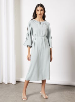 Buy Casual Keyhole Round Neck Cut Out Tie-Up Sleeve Midi Dress 84 Dusty Blue in UAE