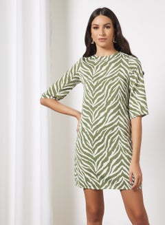 Buy Casual Short Sleeve Mini Dress With Round Neck Wavy Striped Pattern Green in UAE