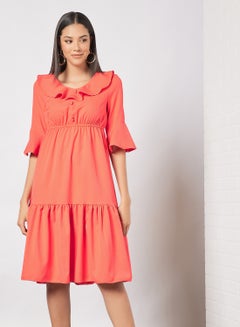 Buy Casual Polyester Blend Bell Short Sleeve Knee Length Dress With Ruffled Round Neck 51 Red in Saudi Arabia