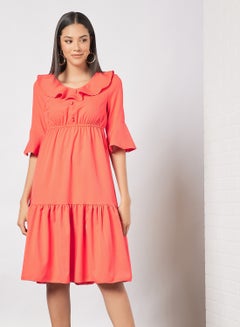 Buy Casual Polyester Blend Bell Short Sleeve Knee Length Dress With Ruffled Round Neck 51 Red in UAE