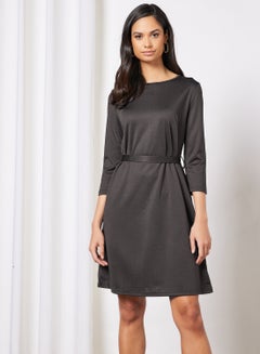 Buy Casual Rayon Blend Three-Quarter Sleeve Knee length Belted Dress With Scoop Neck Black in UAE
