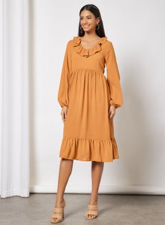 Buy Ruffle Collar Long Sleeve Casual Dress Brown in UAE