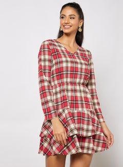 Buy Women Casual V-Neck Check Long Sleeve Double Layer Dress Red in Saudi Arabia
