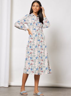 Buy All Over Print Shirt Neck Button Front Puff Sleeve Long Dress Pink in Saudi Arabia