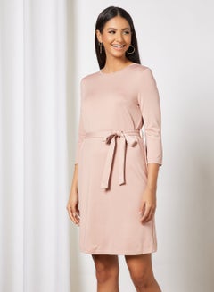 Buy Casual Rayon Blend Three-Quarter Sleeve Knee length Belted Dress With Scoop Neck Light Pink in UAE